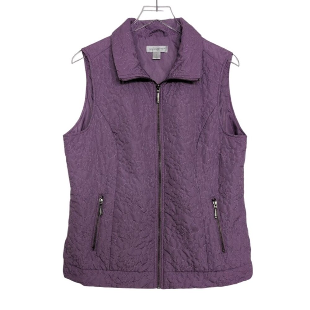 Christopher & Banks Floral Embroidered Vest Womens Size Large Purple Full Zip